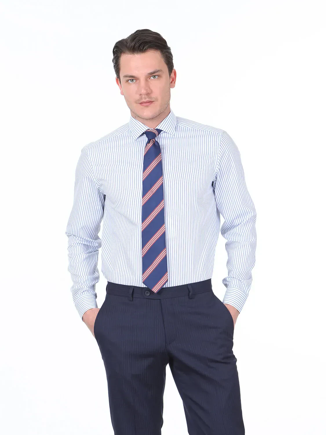 Lacivert Çizgili Regular Fit Dokuma Klasik %100 Pamuk Gömlek - 1