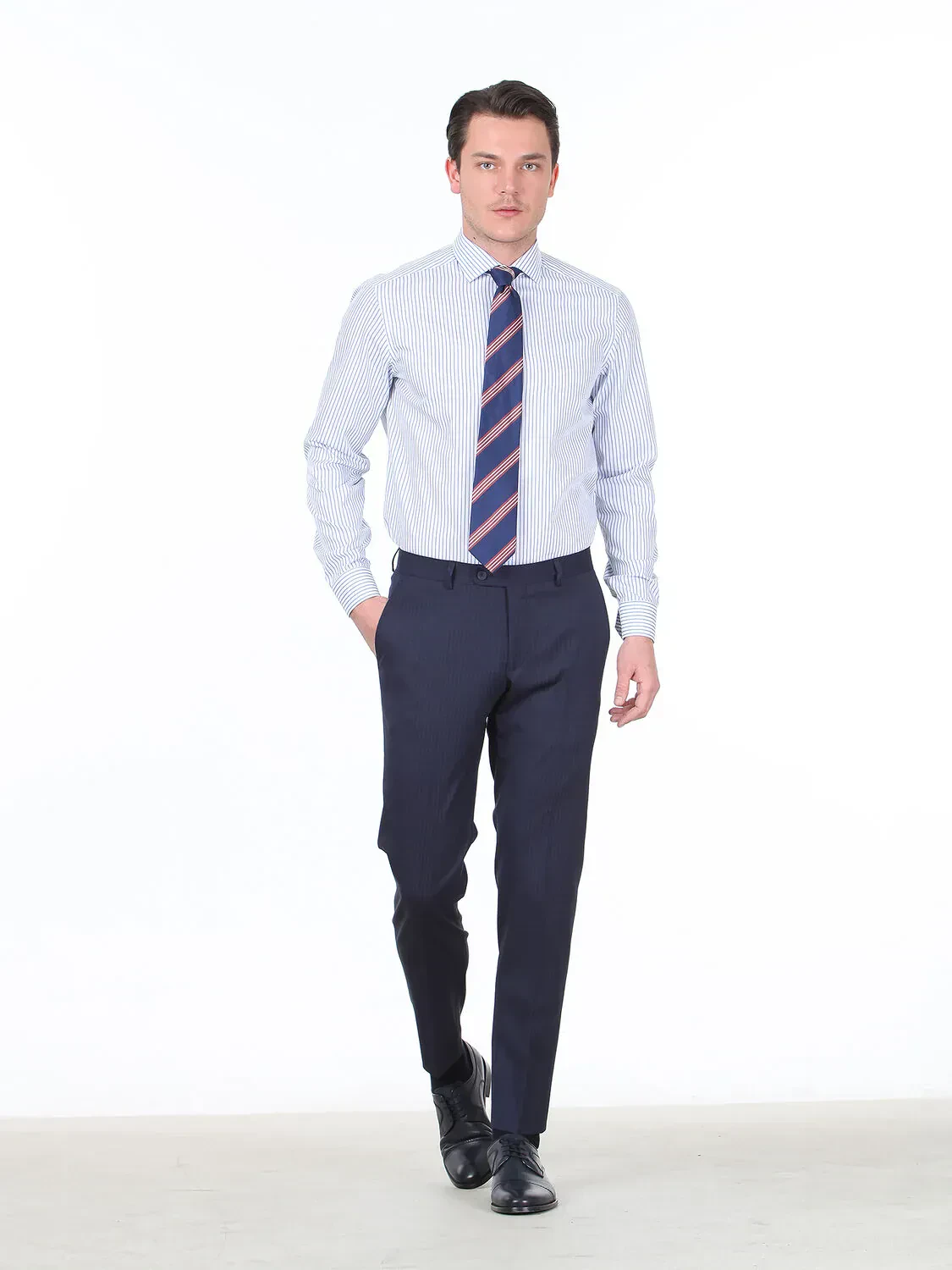Lacivert Çizgili Regular Fit Dokuma Klasik %100 Pamuk Gömlek - 3