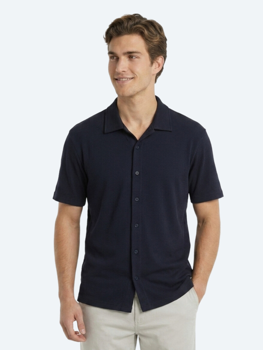 Lacivert Çizgili Regular Fit Kısa Casual Gömlek - KİP