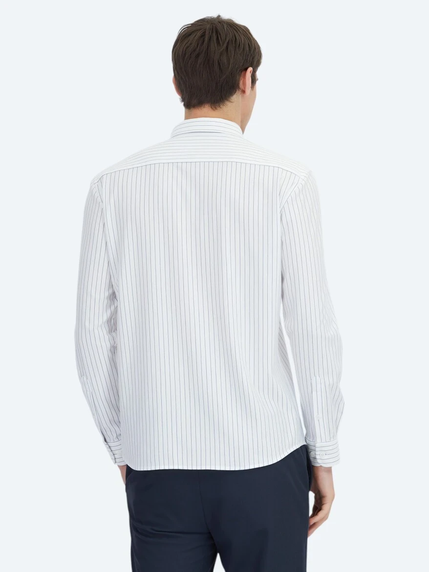 Lacivert Çizgili Regular Fit Spor Pamuk Karışımlı Gömlek - 5