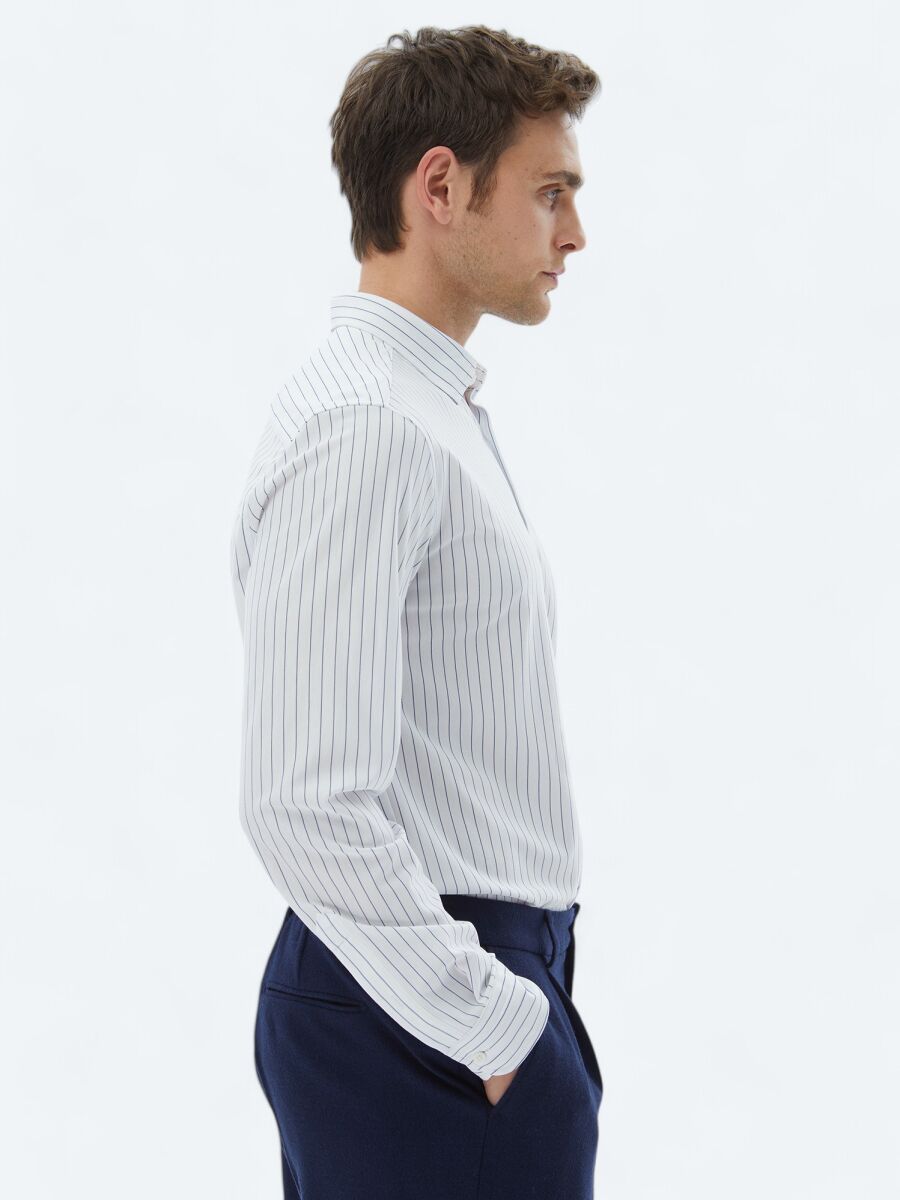 Lacivert Çizgili Regular Fit Uzun Casual Pamuk Karışımlı Gömlek - 4