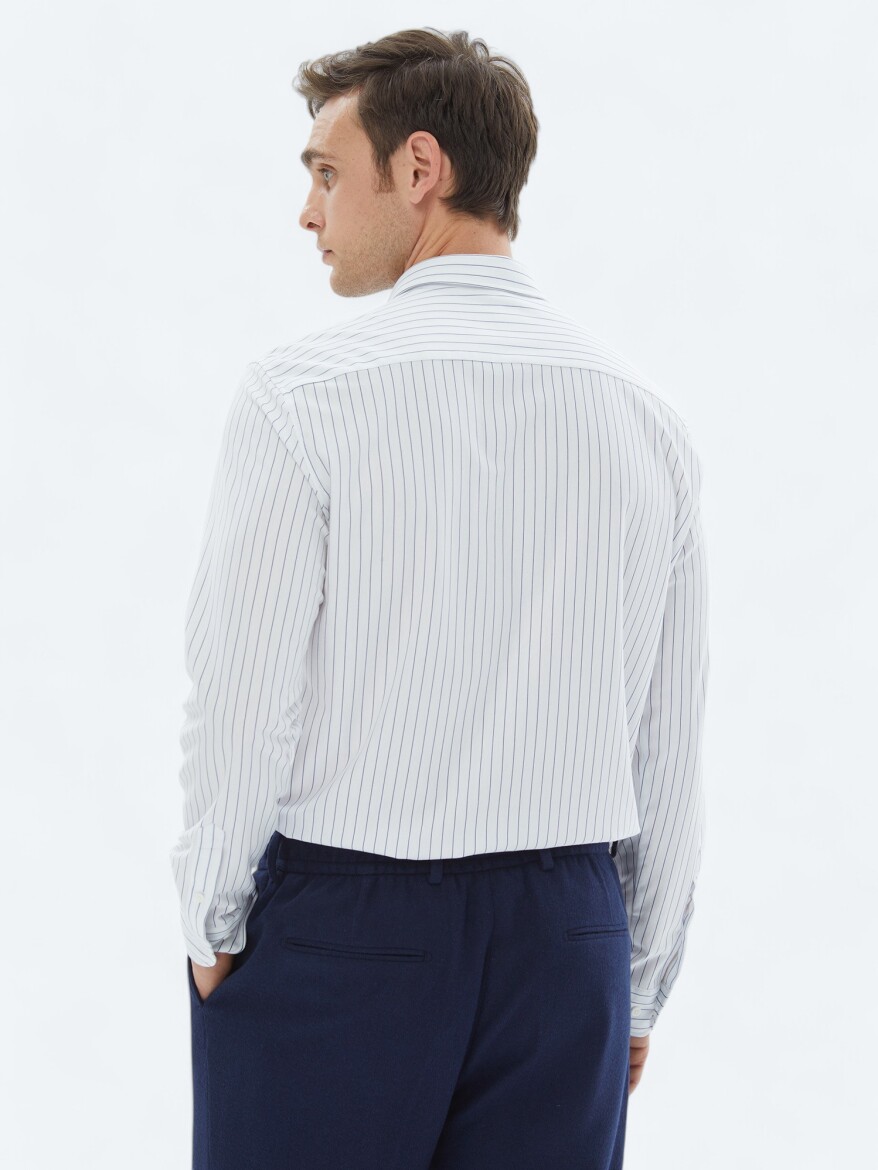 Lacivert Çizgili Regular Fit Uzun Casual Pamuk Karışımlı Gömlek - 7