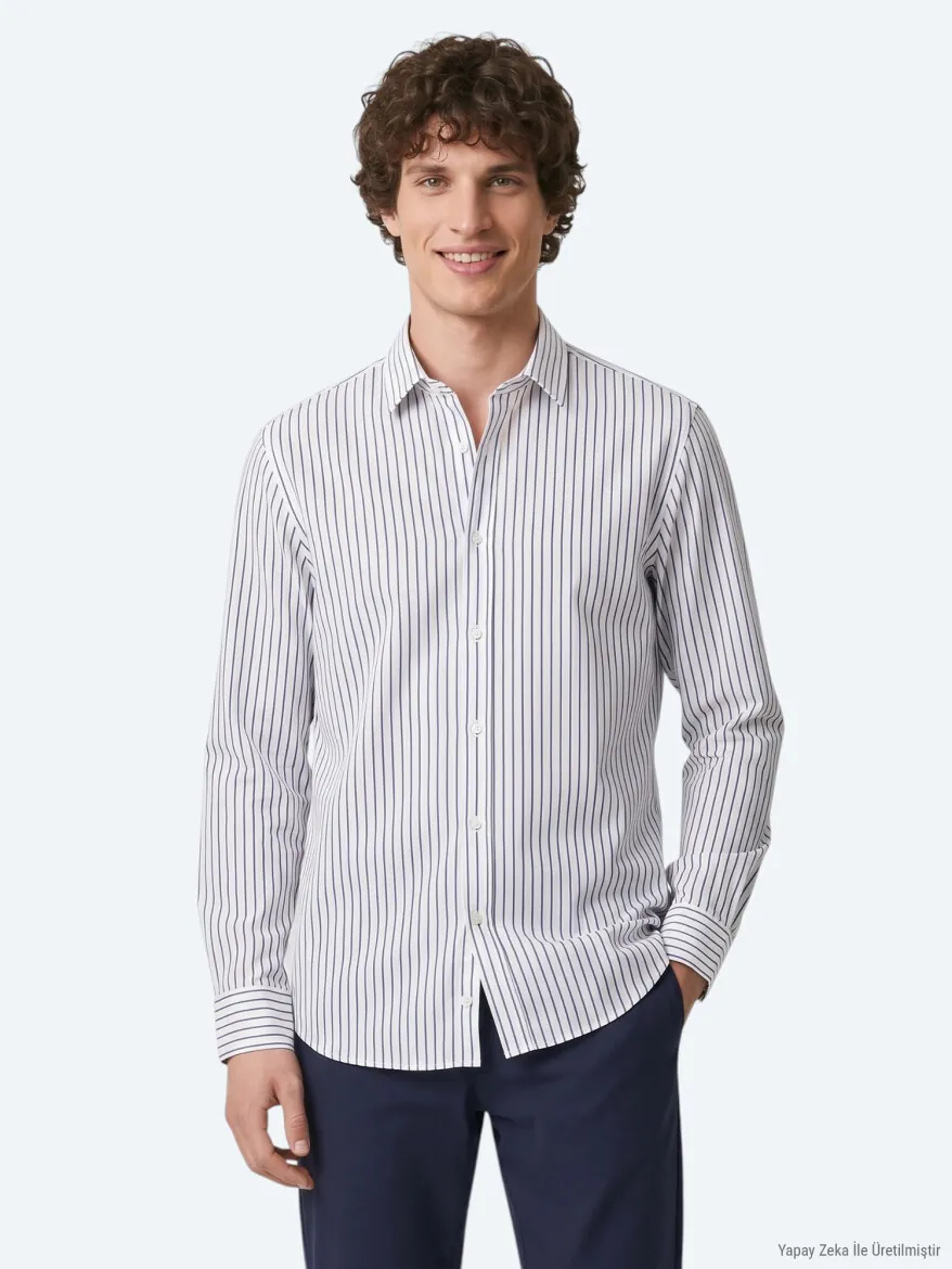 Lacivert Çizgili Regular Fit Uzun Dokuma Casual %100 Pamuk Gömlek 