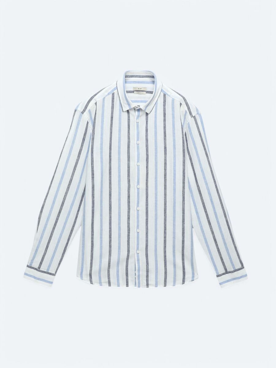 Lacivert Çizgili Regular Fit Uzun Dokuma Casual Pamuk Karışımlı Gömlek - 1