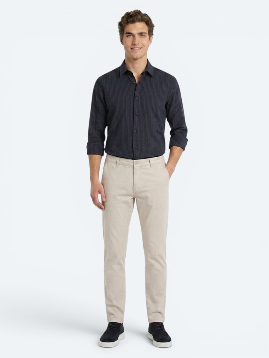 Lacivert Çizgili Regular Fit Uzun Dokuma Casual Pamuk Karışımlı Gömlek - 4