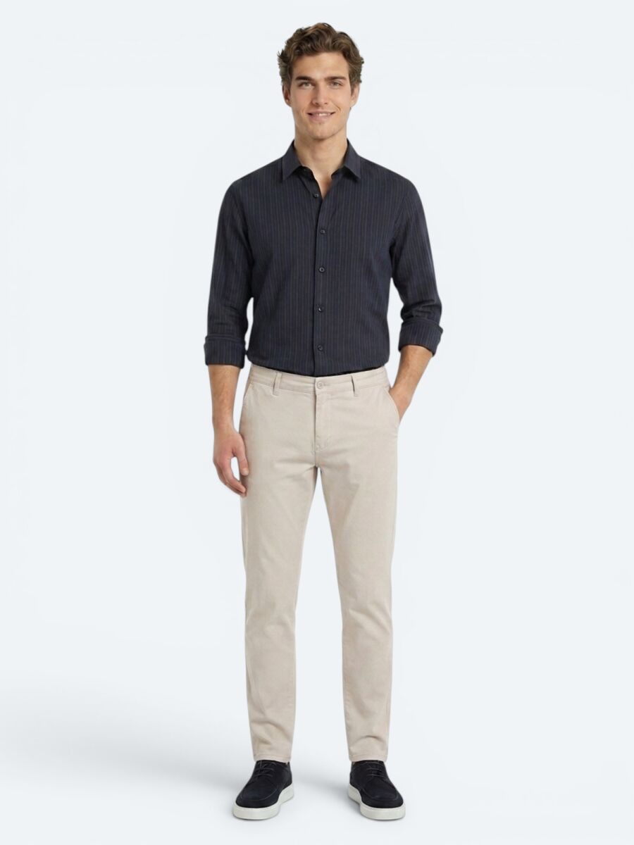 Lacivert Çizgili Regular Fit Uzun Dokuma Casual Pamuk Karışımlı Gömlek - 4