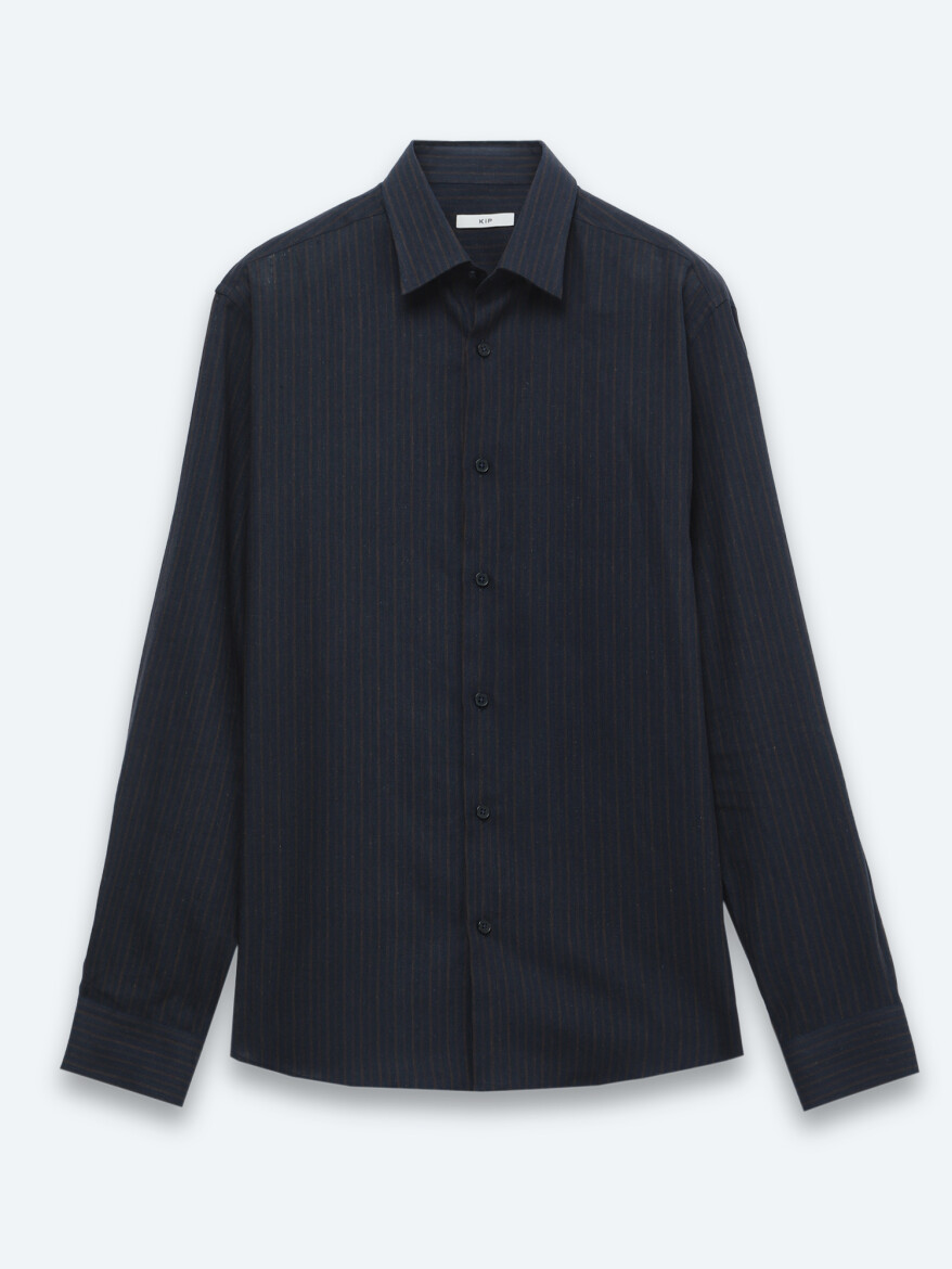 Lacivert Çizgili Regular Fit Uzun Dokuma Casual Pamuk Karışımlı Gömlek - 6