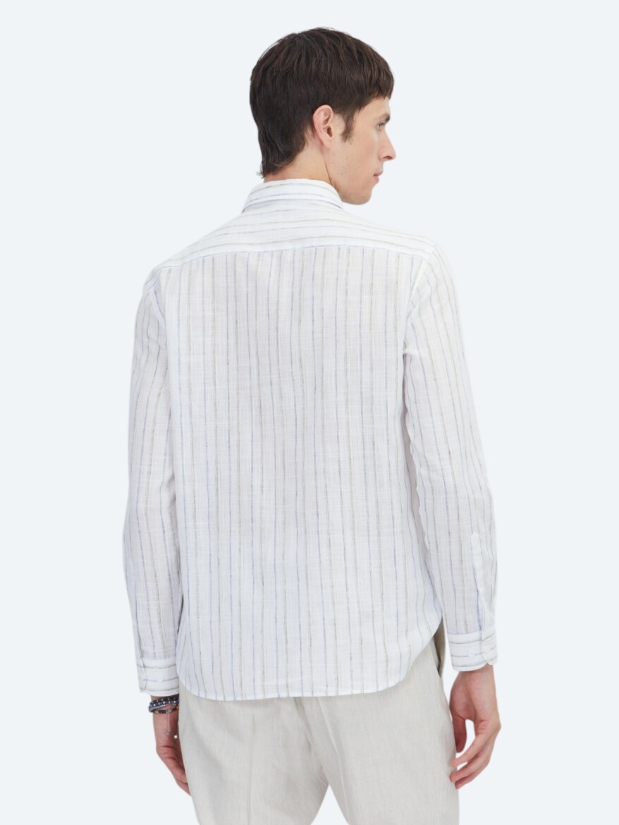Lacivert Çizgili Regular Fit Uzun Dokuma Casual Pamuk Karışımlı Gömlek - 5