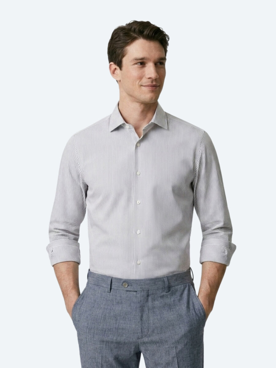 Lacivert Çizgili Regular Fit Uzun Dokuma Casual Pamuk Karışımlı Gömlek - 1