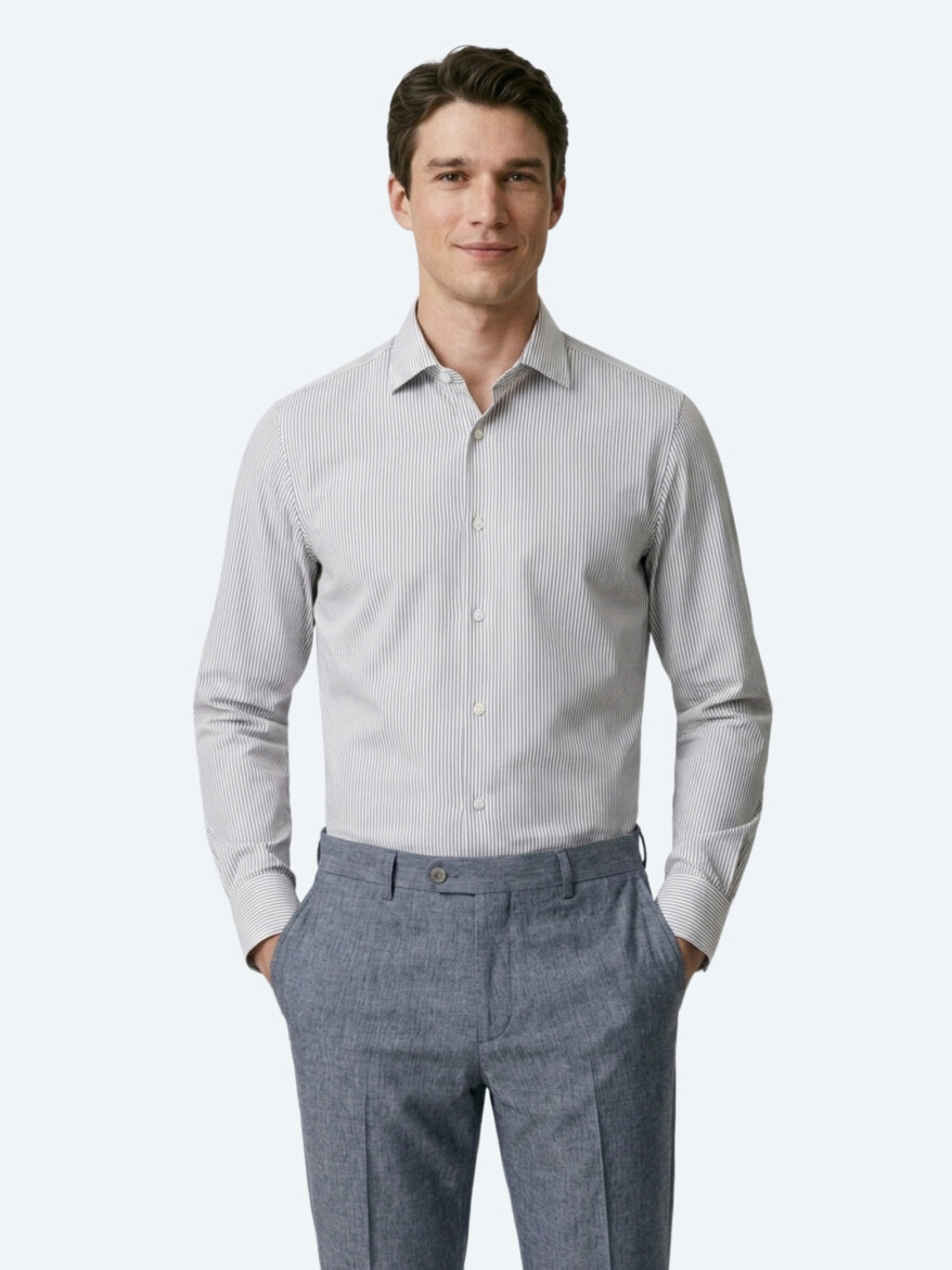 Lacivert Çizgili Regular Fit Uzun Dokuma Casual Pamuk Karışımlı Gömlek - 2