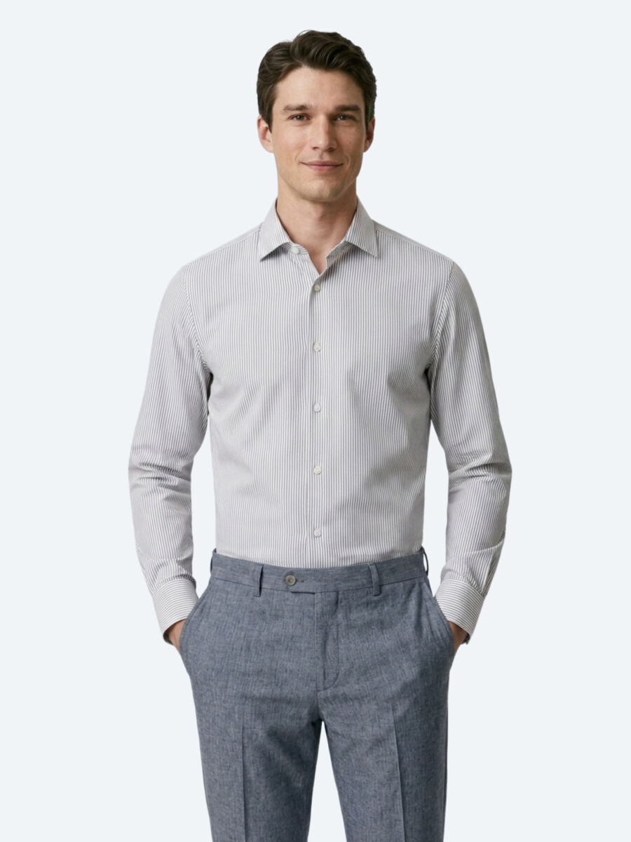 Lacivert Çizgili Regular Fit Uzun Dokuma Casual Pamuk Karışımlı Gömlek - 2
