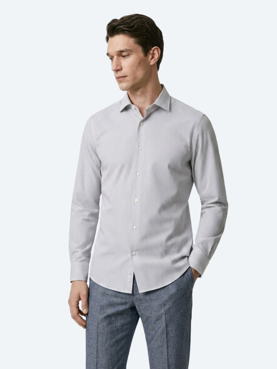 Lacivert Çizgili Regular Fit Uzun Dokuma Casual Pamuk Karışımlı Gömlek - 3