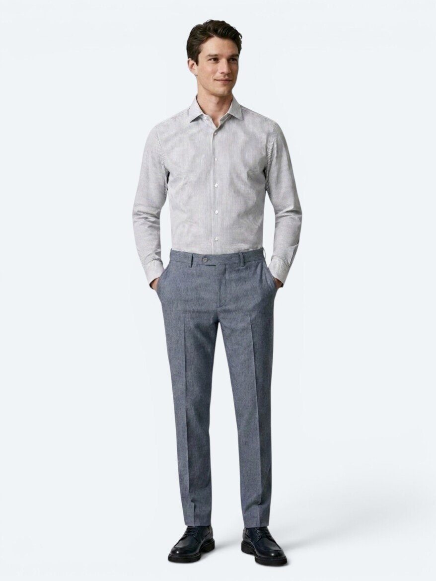 Lacivert Çizgili Regular Fit Uzun Dokuma Casual Pamuk Karışımlı Gömlek - 4