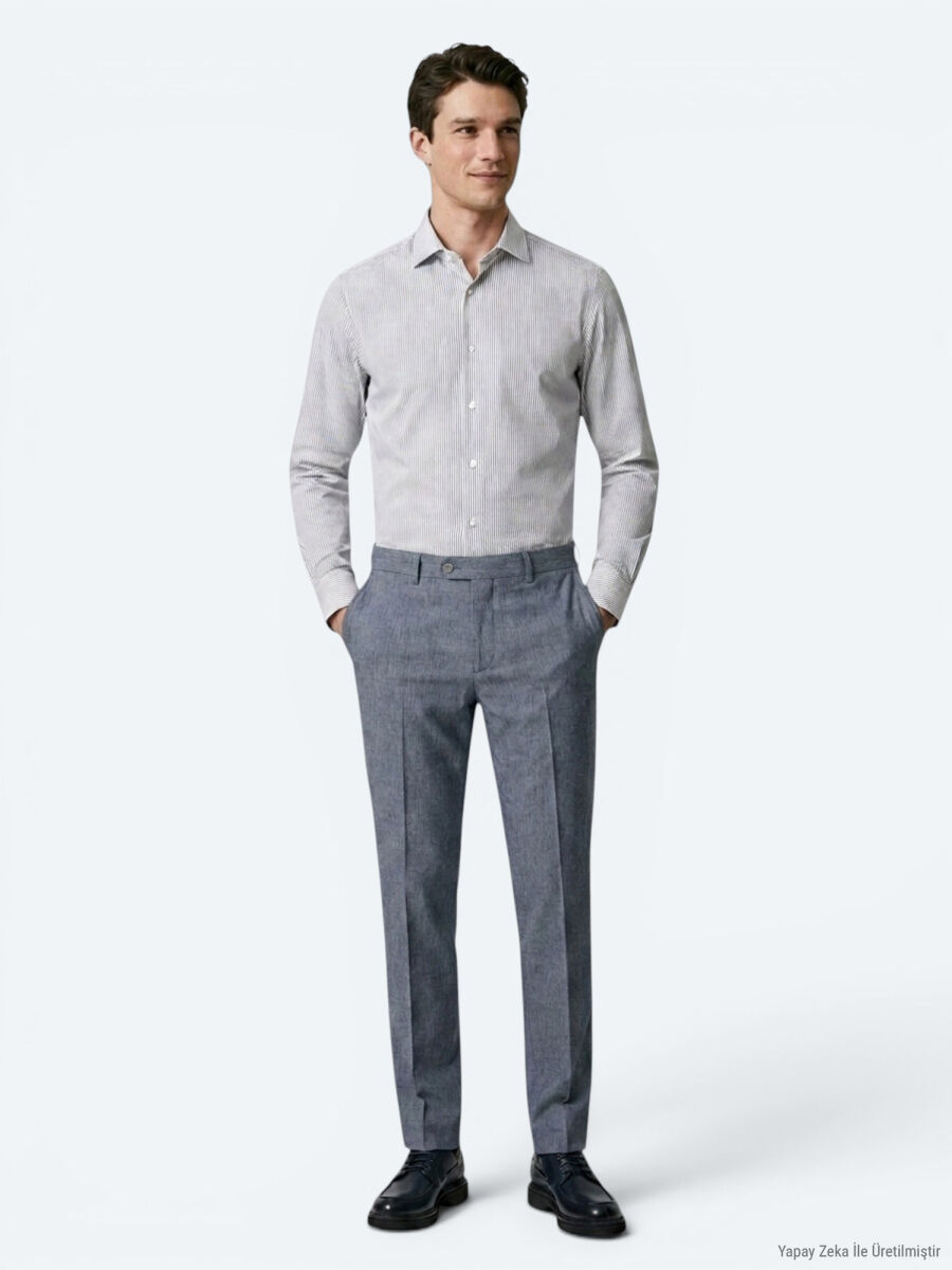 Lacivert Çizgili Regular Fit Uzun Dokuma Casual Pamuk Karışımlı Gömlek - 4