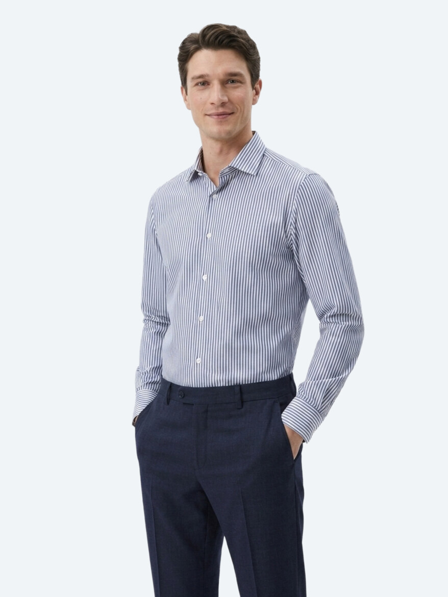 Lacivert Çizgili Regular Fit Uzun Dokuma Casual Pamuk Karışımlı Gömlek - 2