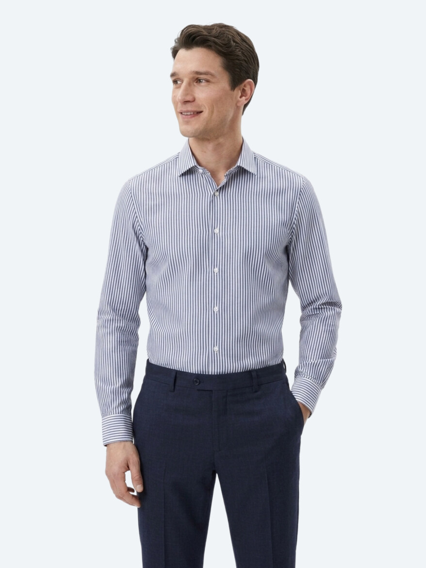 Lacivert Çizgili Regular Fit Uzun Dokuma Casual Pamuk Karışımlı Gömlek - 3