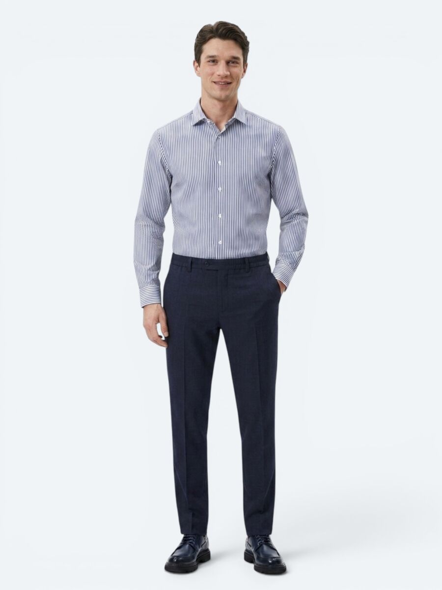 Lacivert Çizgili Regular Fit Uzun Dokuma Casual Pamuk Karışımlı Gömlek - 4
