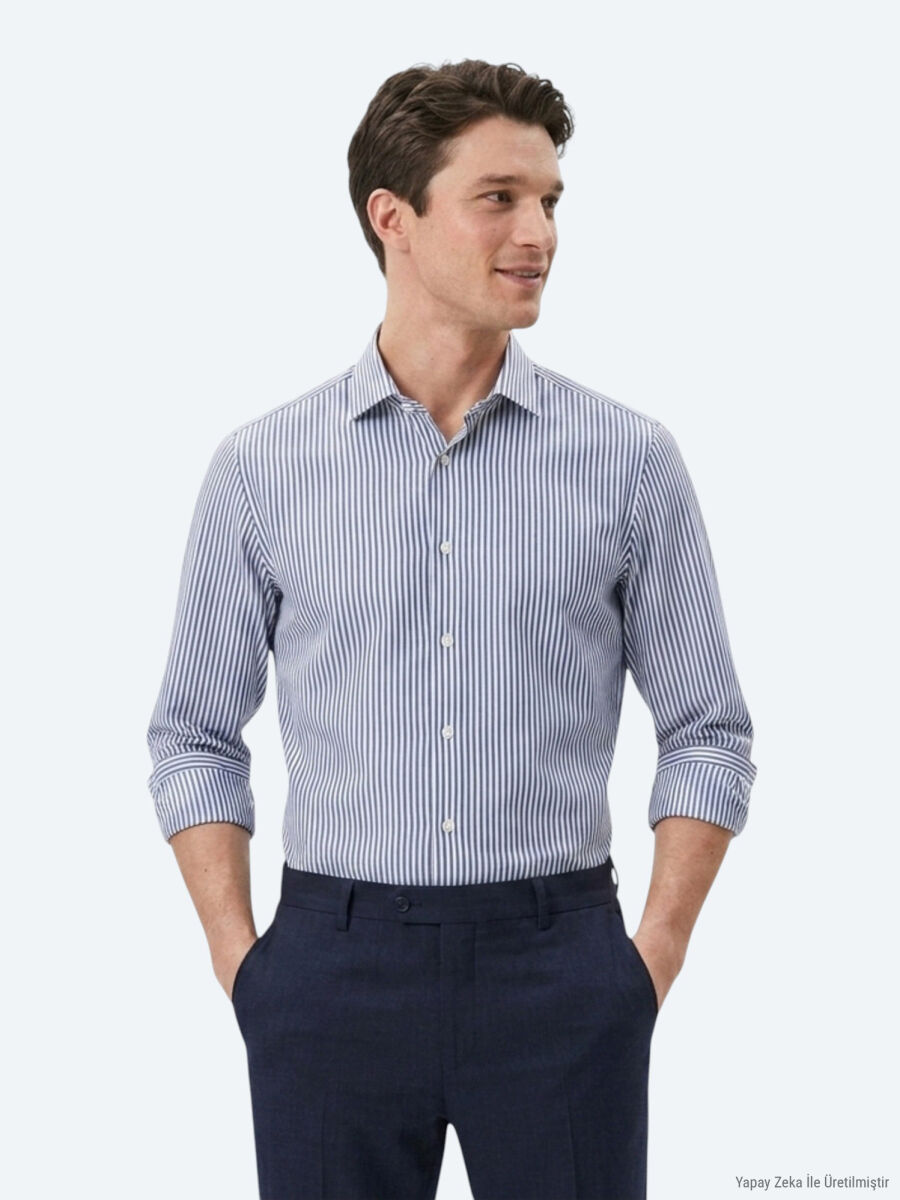 Lacivert Çizgili Regular Fit Uzun Dokuma Casual Pamuk Karışımlı Gömlek - 1