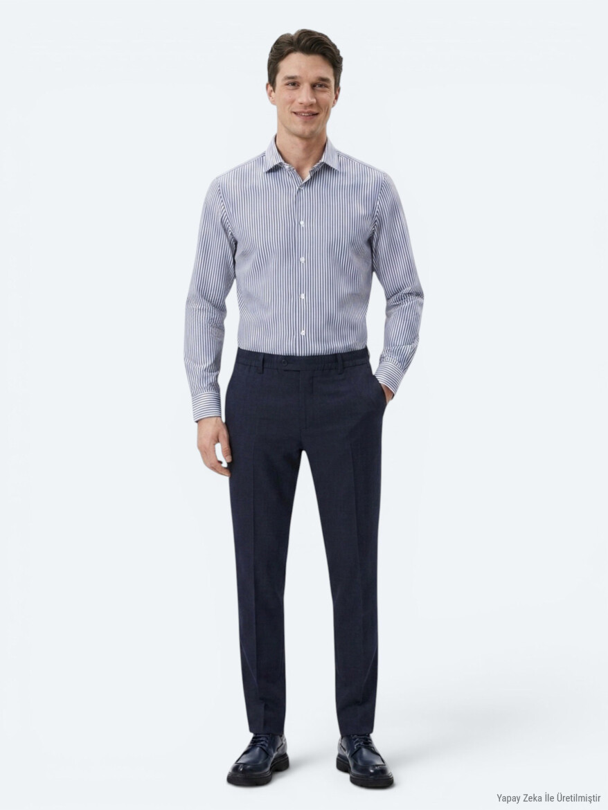 Lacivert Çizgili Regular Fit Uzun Dokuma Casual Pamuk Karışımlı Gömlek - 4