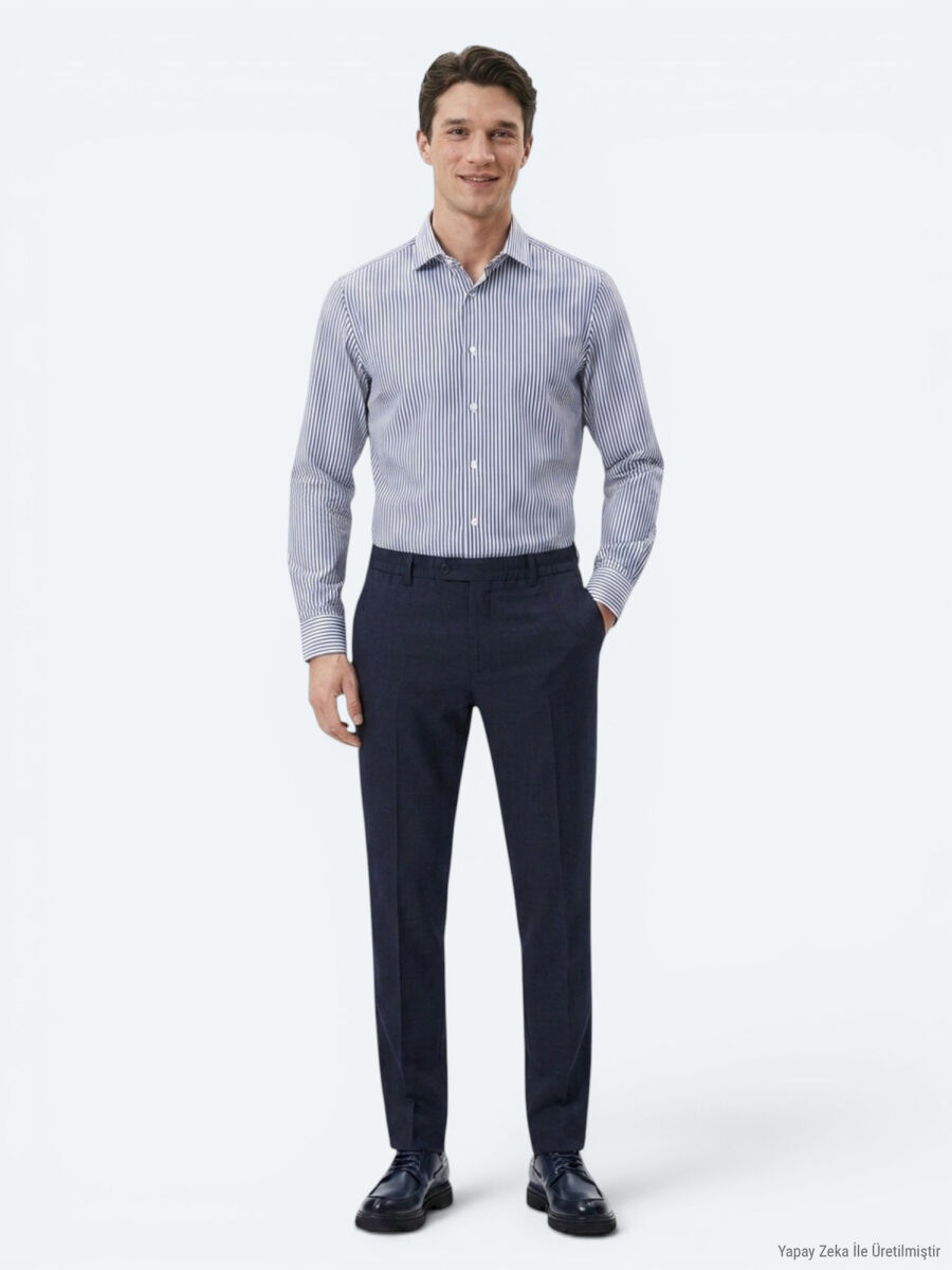 Lacivert Çizgili Regular Fit Uzun Dokuma Casual Pamuk Karışımlı Gömlek - 4