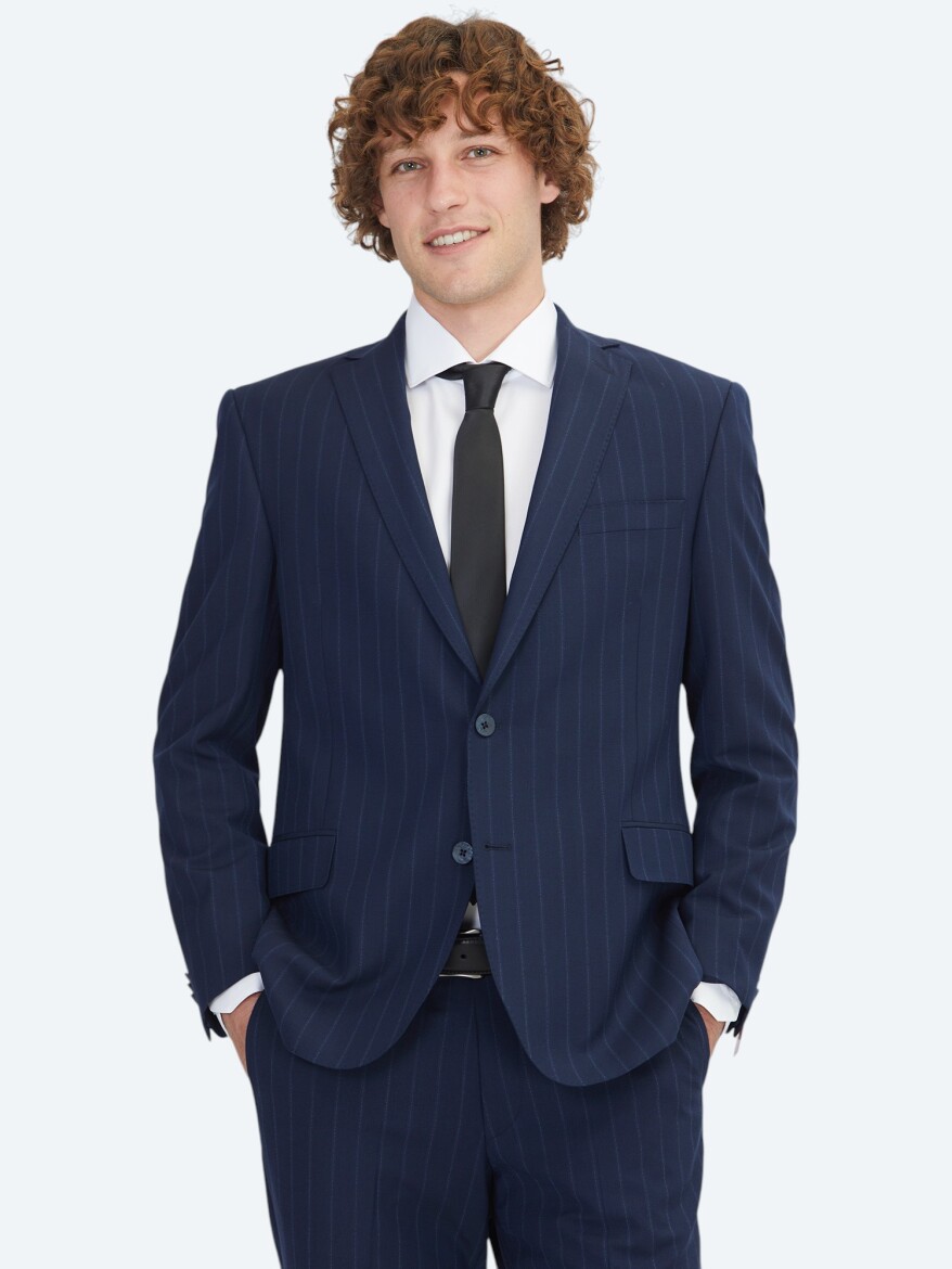 Lacivert Çizgili Regular Fit Yün Karışımlı Takım Elbise - KİP