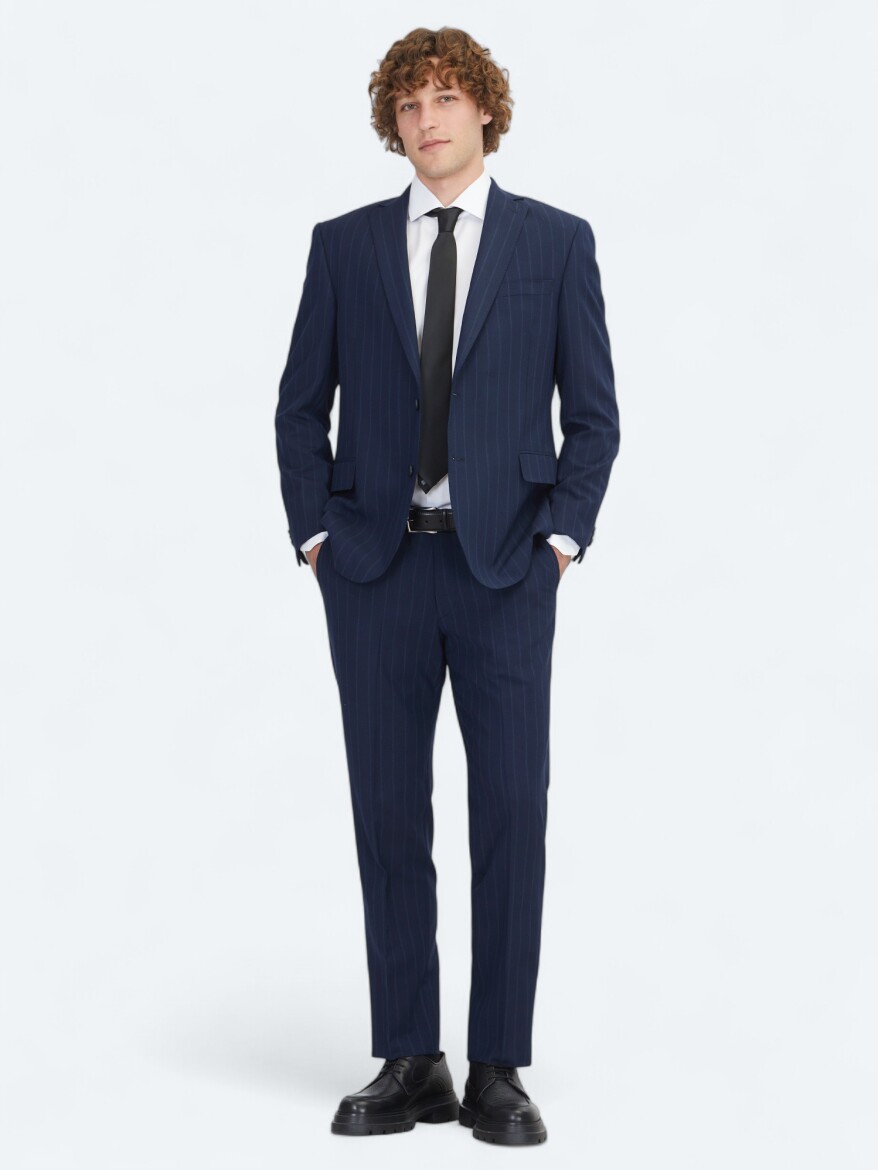Lacivert Çizgili Regular Fit Yün Karışımlı Takım Elbise - KİP