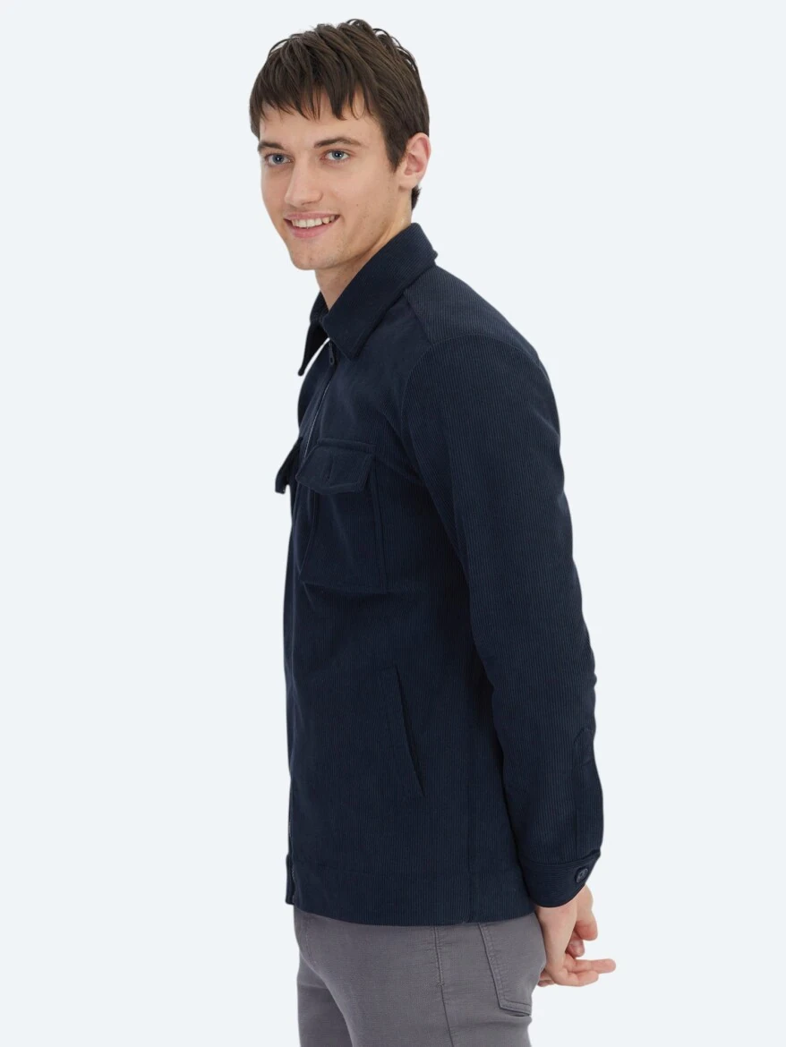 Lacivert Çizgili Relaxed Fit Dokuma Kadife Overshırt - 3