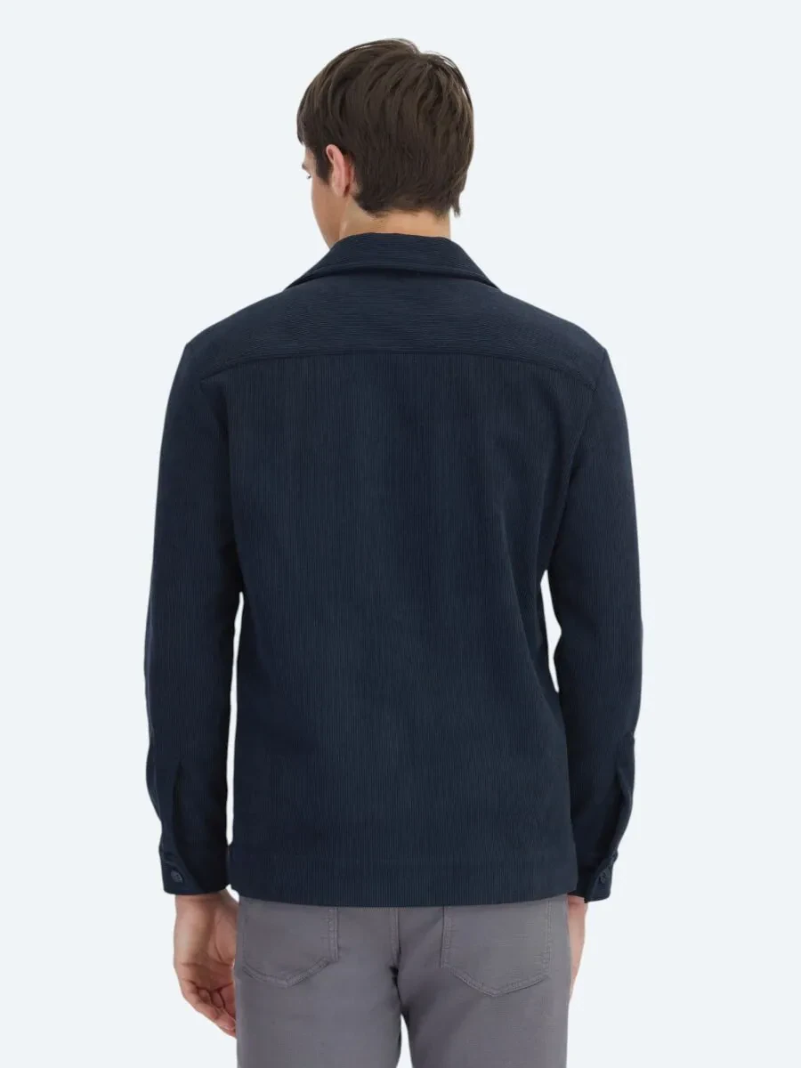Lacivert Çizgili Relaxed Fit Dokuma Kadife Overshırt - 5