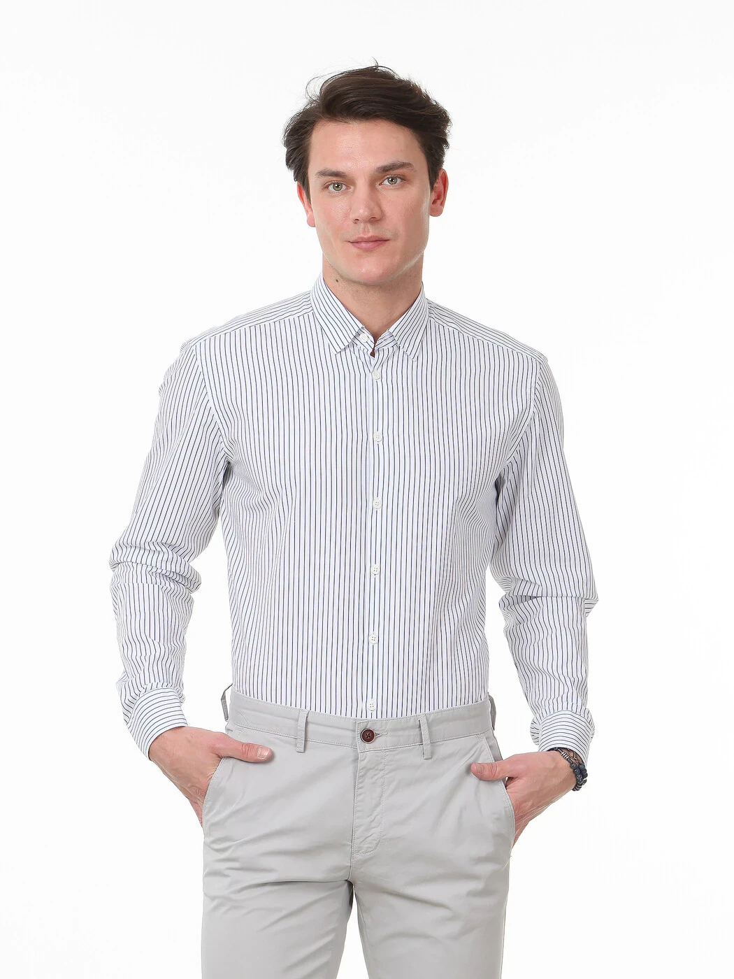 Lacivert Çizgili Slim Fit Dokuma Casual %100 Pamuk Gömlek - 1