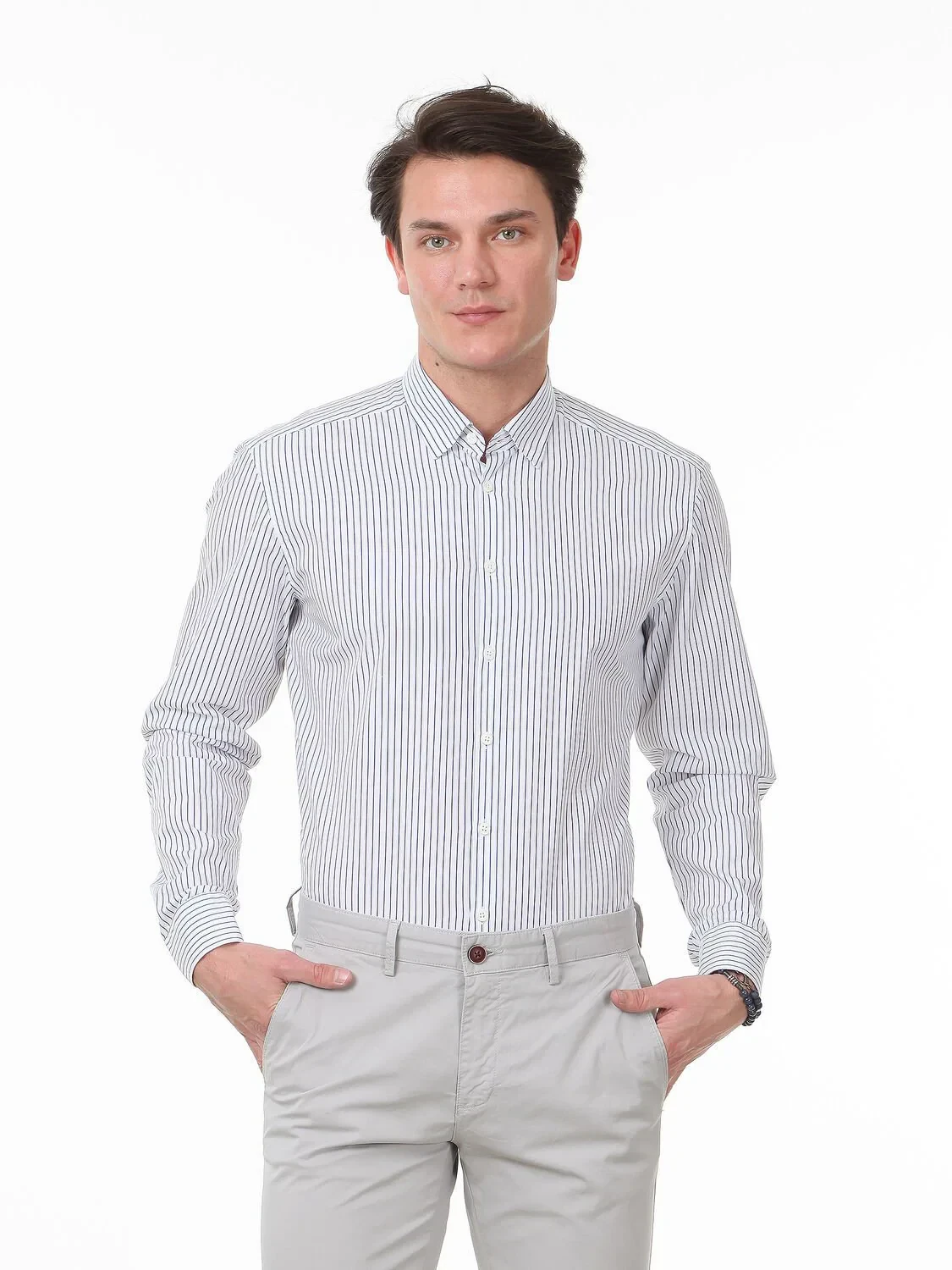 Lacivert Çizgili Slim Fit Dokuma Casual %100 Pamuk Gömlek - 1