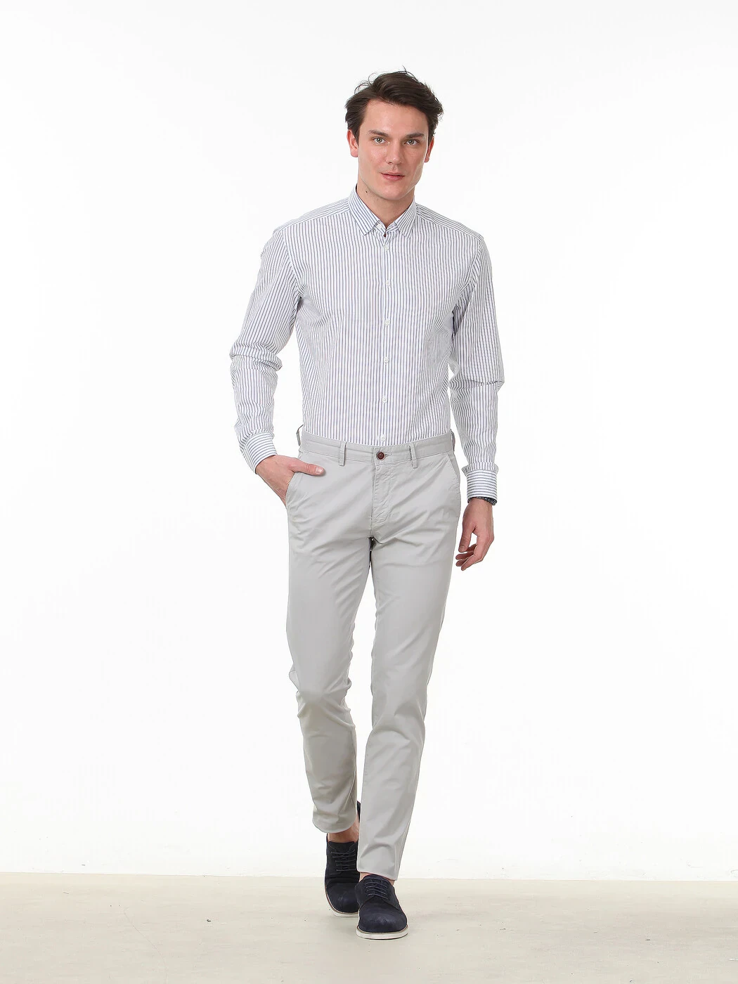 Lacivert Çizgili Slim Fit Dokuma Casual %100 Pamuk Gömlek - 2