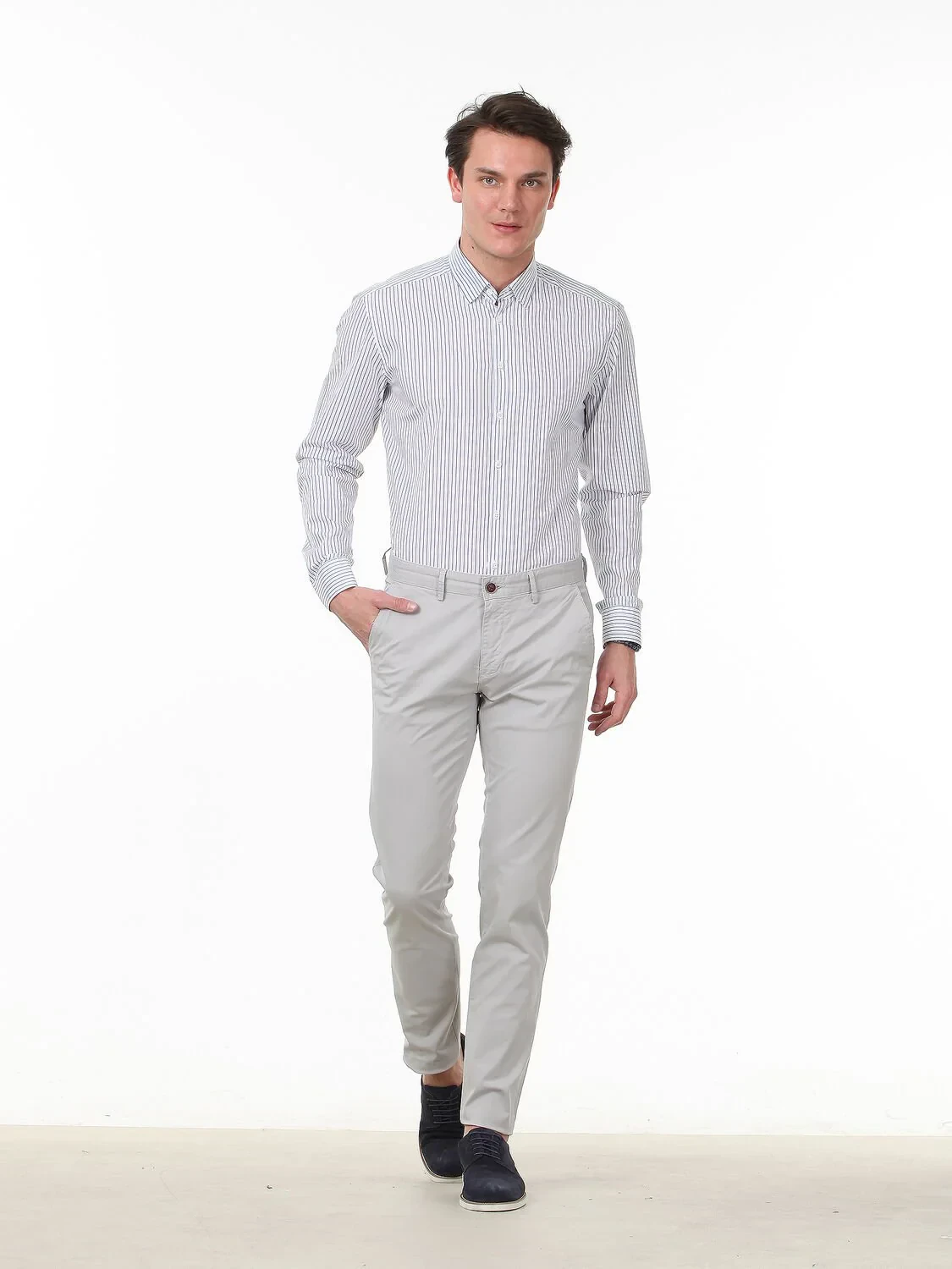 Lacivert Çizgili Slim Fit Dokuma Casual %100 Pamuk Gömlek - 2