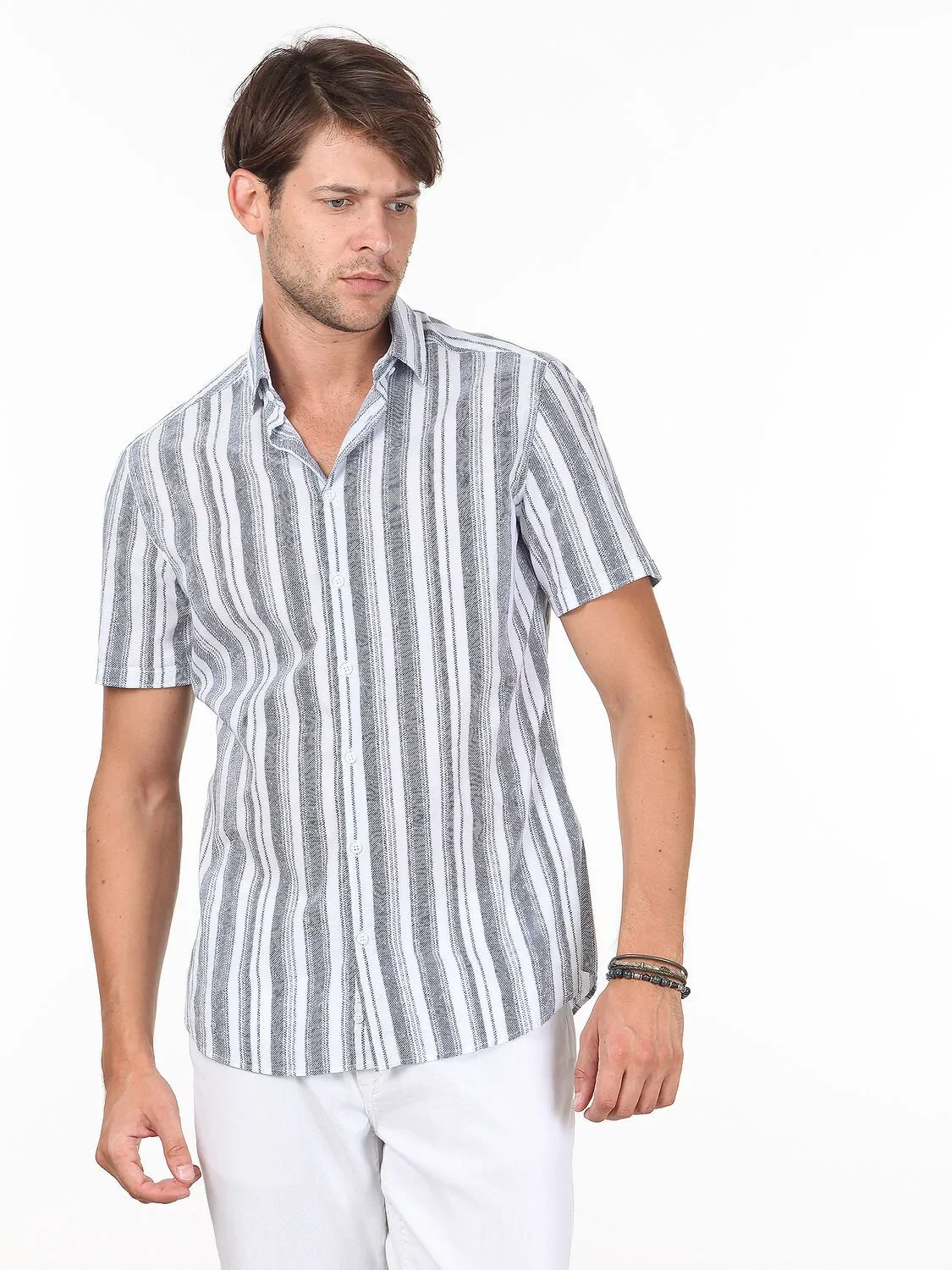 Lacivert Çizgili Slim Fit Dokuma Casual %100 Pamuk Gömlek - 1