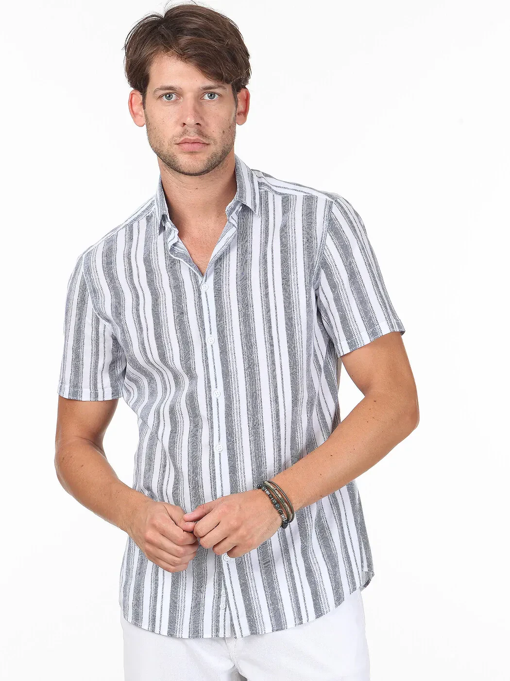 Lacivert Çizgili Slim Fit Dokuma Casual %100 Pamuk Gömlek - 2