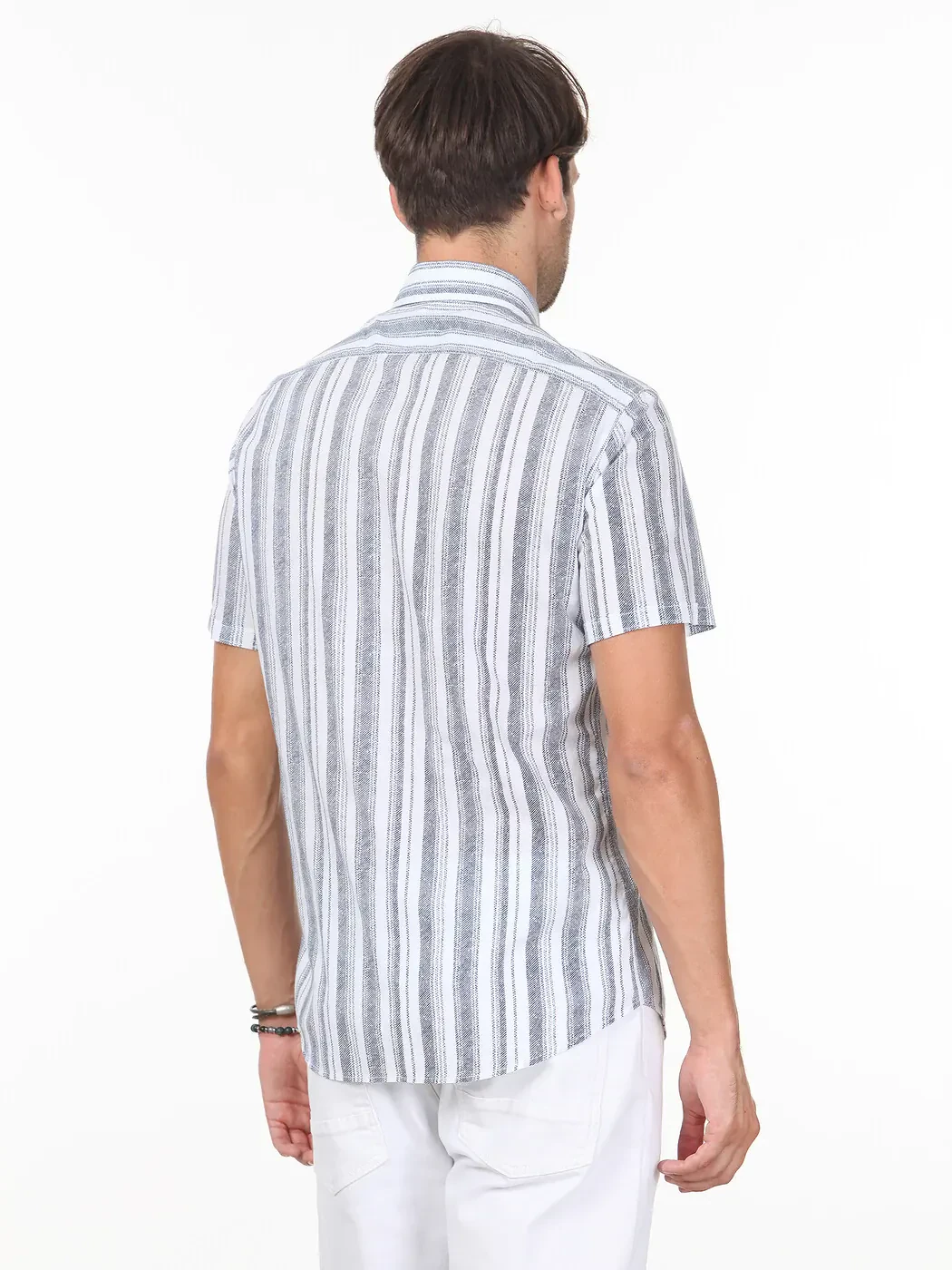 Lacivert Çizgili Slim Fit Dokuma Casual %100 Pamuk Gömlek - 4