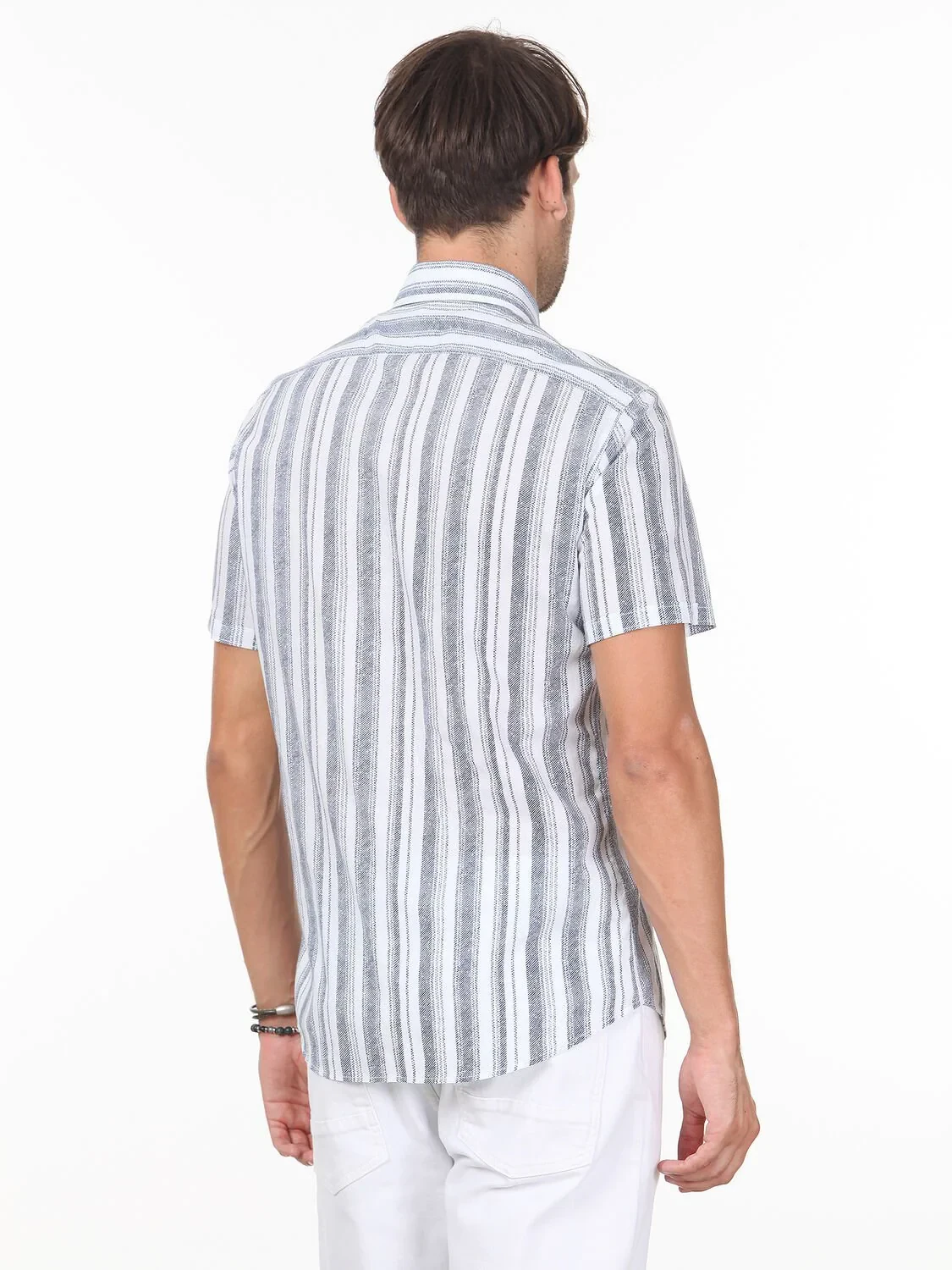 Lacivert Çizgili Slim Fit Dokuma Casual %100 Pamuk Gömlek - 4
