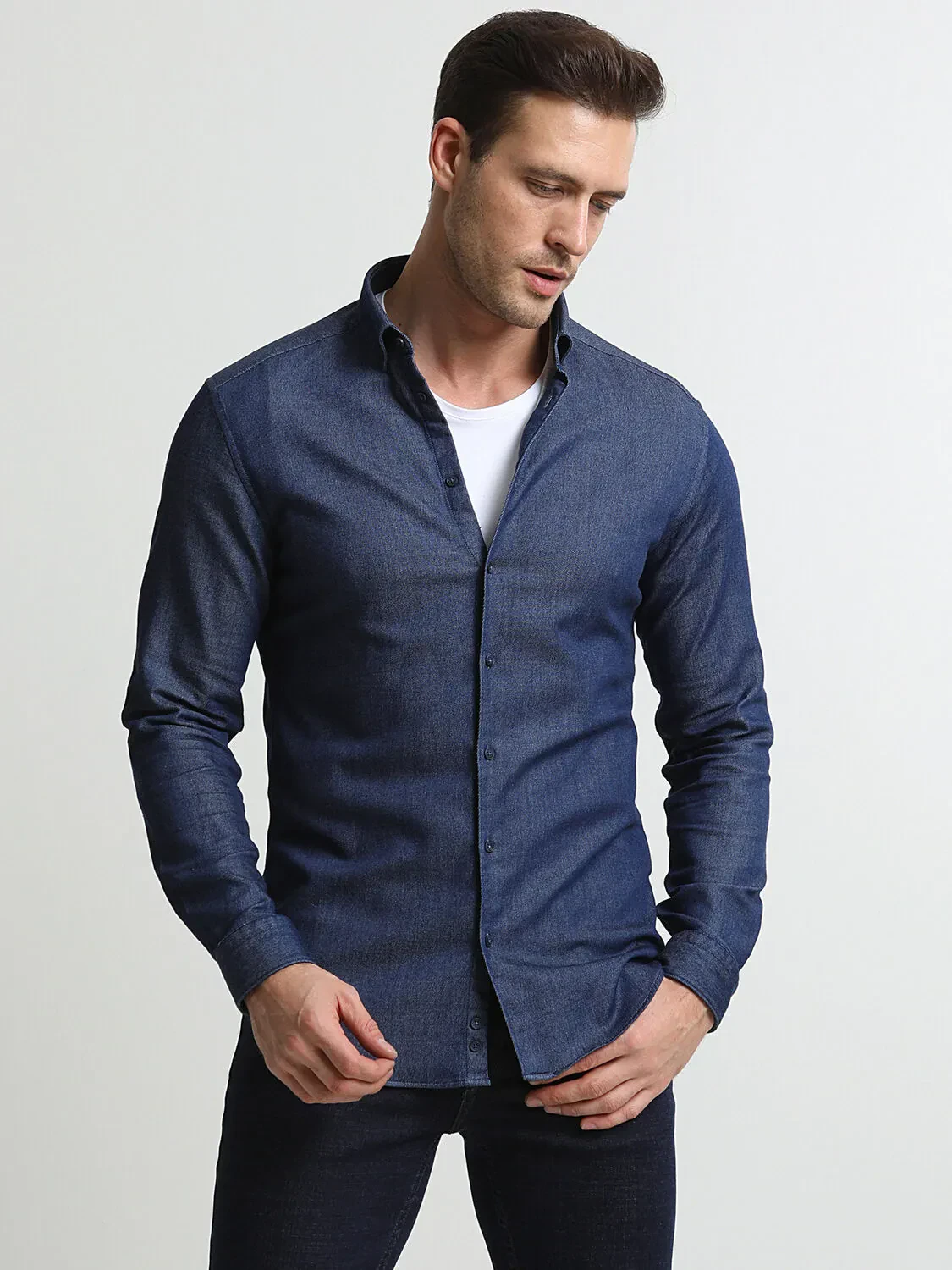 Lacivert Çizgili Slim Fit Dokuma Casual %100 Pamuk Gömlek - 1