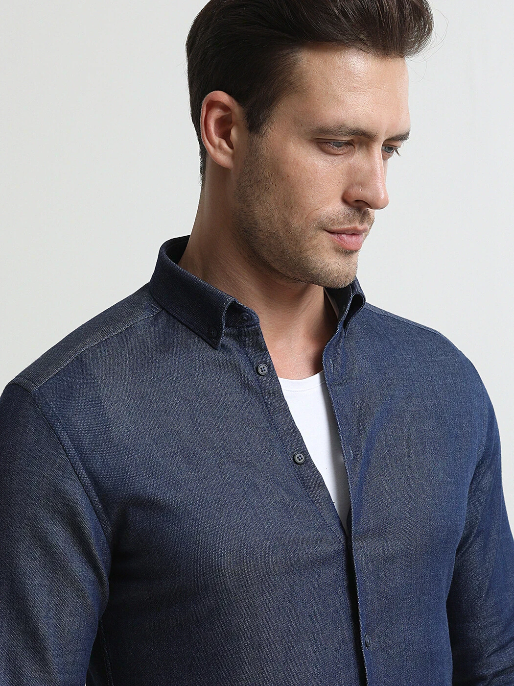 Lacivert Çizgili Slim Fit Dokuma Casual %100 Pamuk Gömlek - 2