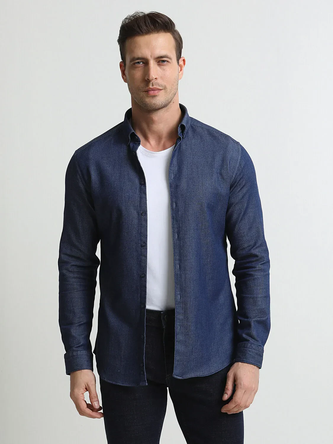 Lacivert Çizgili Slim Fit Dokuma Casual %100 Pamuk Gömlek - 3