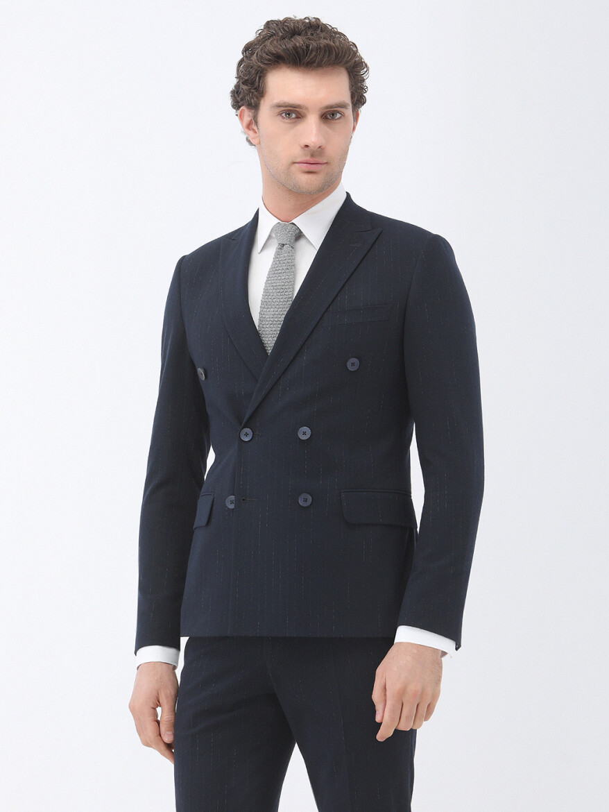 Lacivert Çizgili Slim Fit Takım Elbise - 1