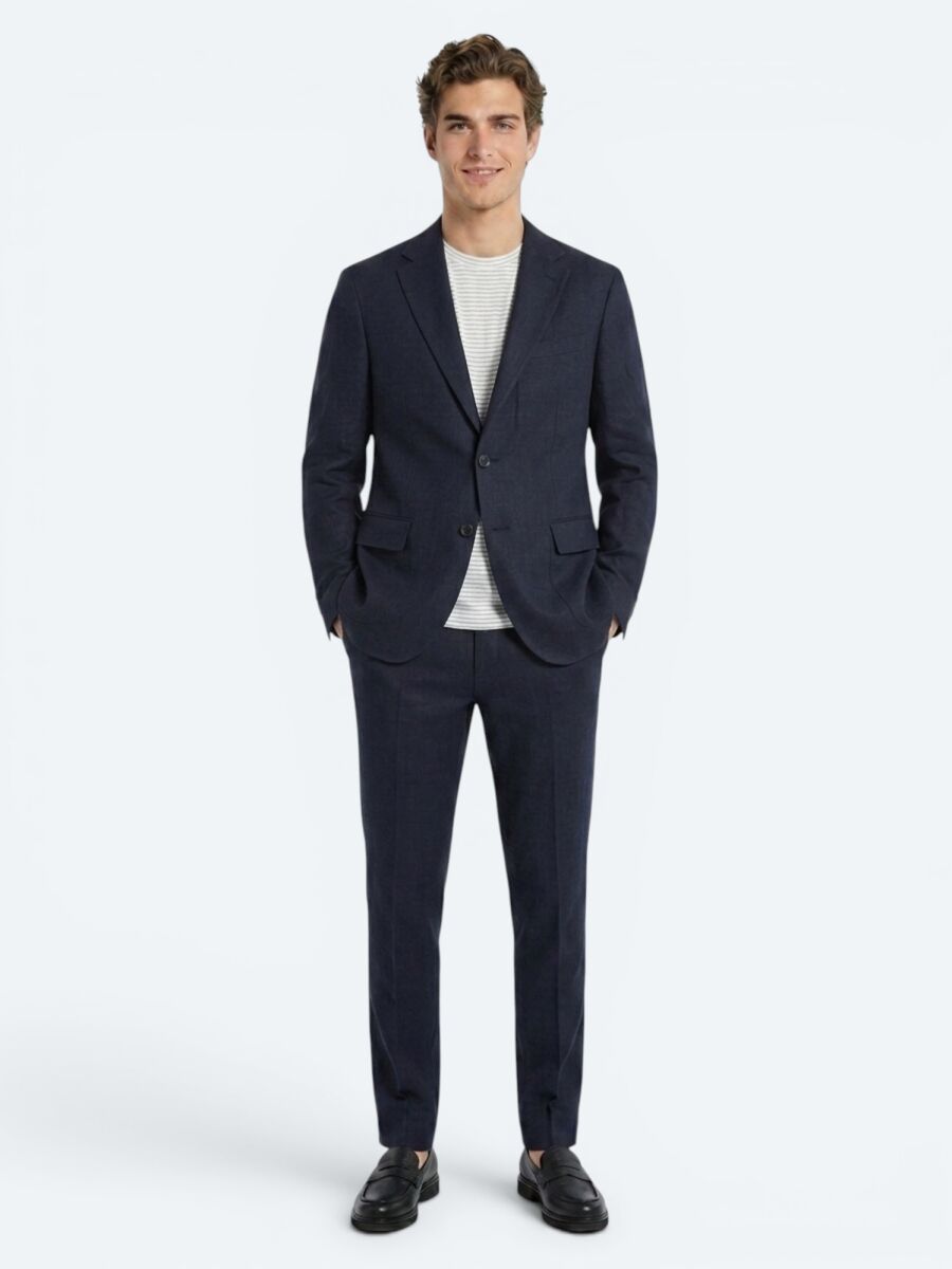 Lacivert Comfort Fit %100 Keten Takım Elbise - 4