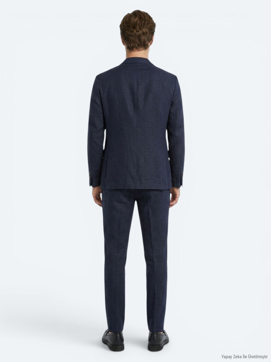 Lacivert Comfort Fit %100 Keten Takım Elbise - 5