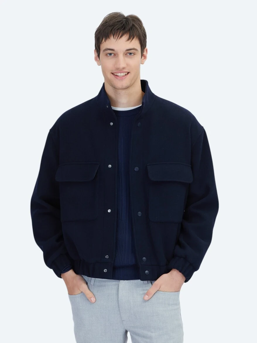 Lacivert Comfort Fit Dik Yaka Casual Dokuma Mont - KİP