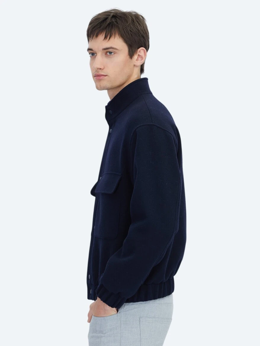 Lacivert Comfort Fit Dik Yaka Casual Dokuma Mont - KİP