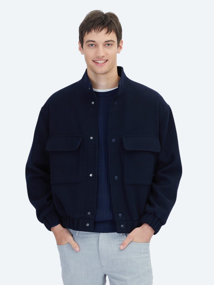 Lacivert Comfort Fit Dik Yaka Casual Dokuma Mont - KİP