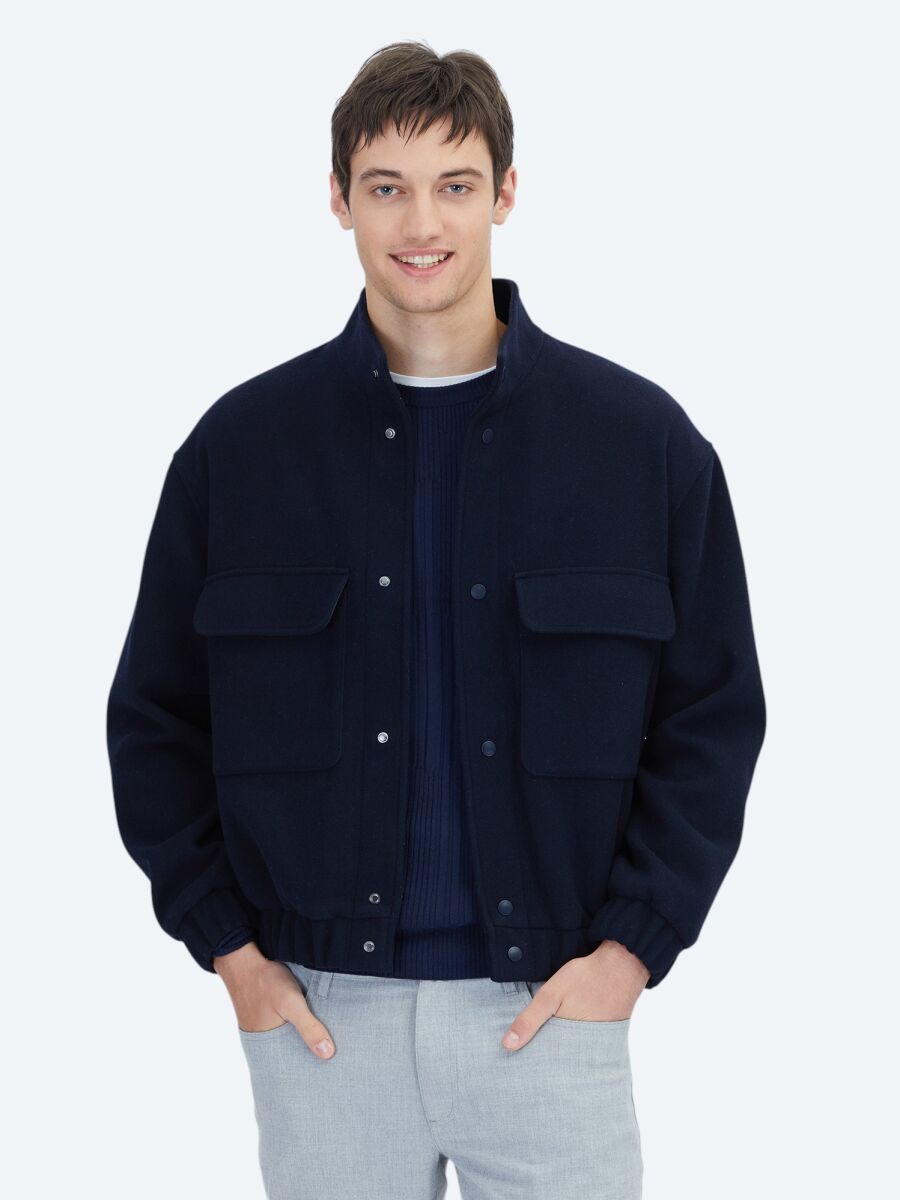 Lacivert Comfort Fit Dik Yaka Casual Dokuma Mont - 1