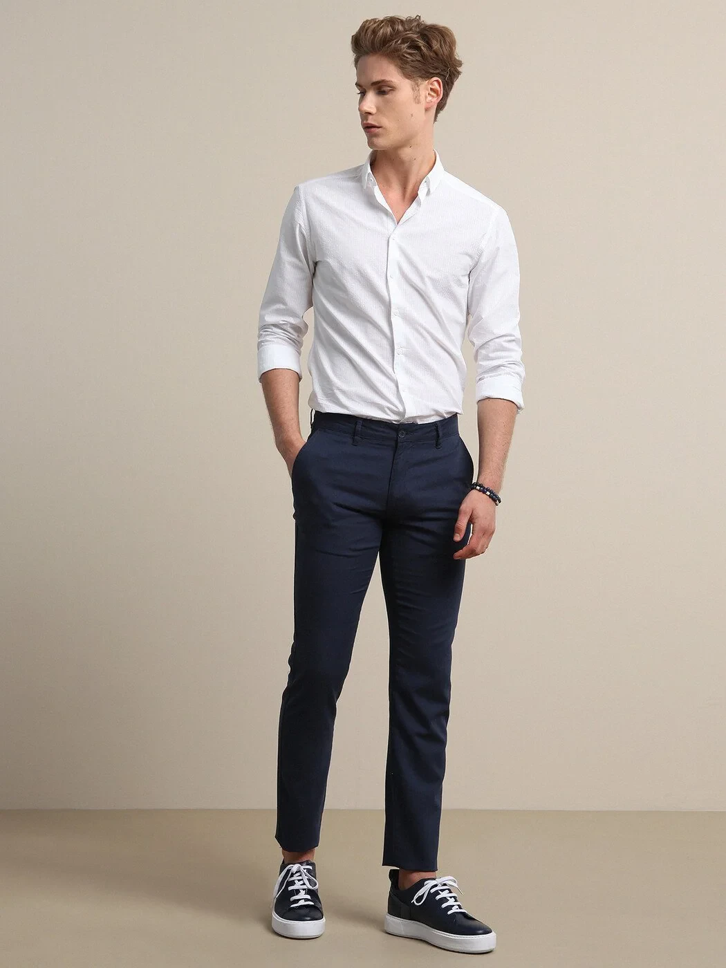 Lacivert Desenli Dokuma Regular Fit Casual Pamuk Karışımlı Pantolon - 2
