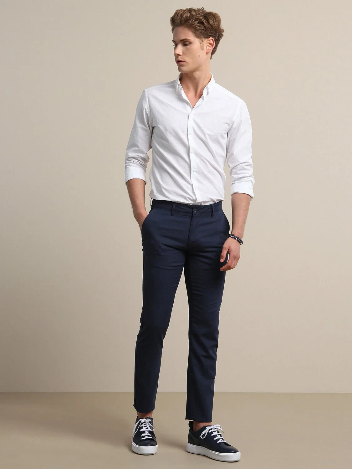 Lacivert Desenli Dokuma Regular Fit Casual Pamuk Karışımlı Pantolon - 2