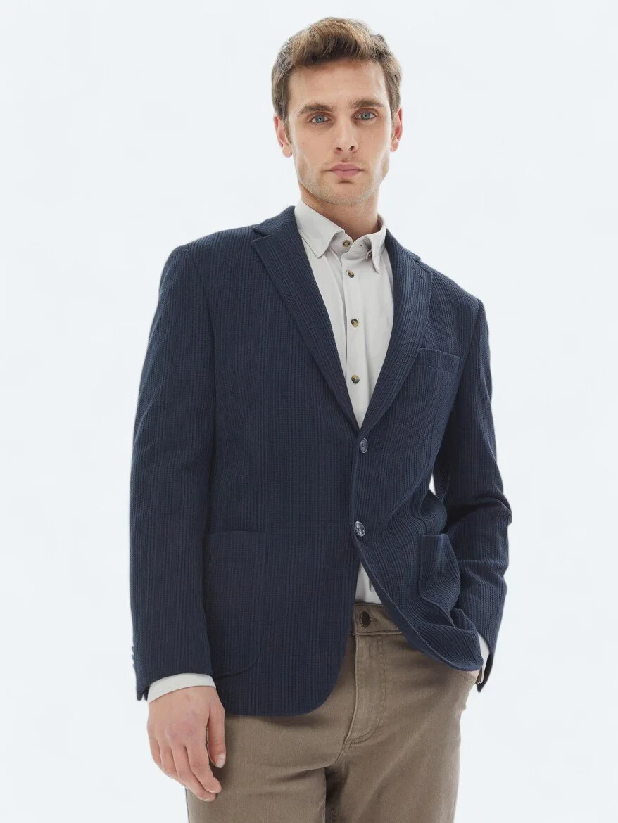 Lacivert Desenli Modern Fit %100 Pamuk Örme Ceket - 1