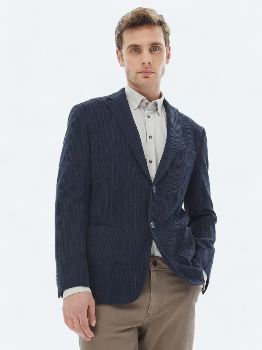 Lacivert Desenli Modern Fit %100 Pamuk Örme Ceket - 1